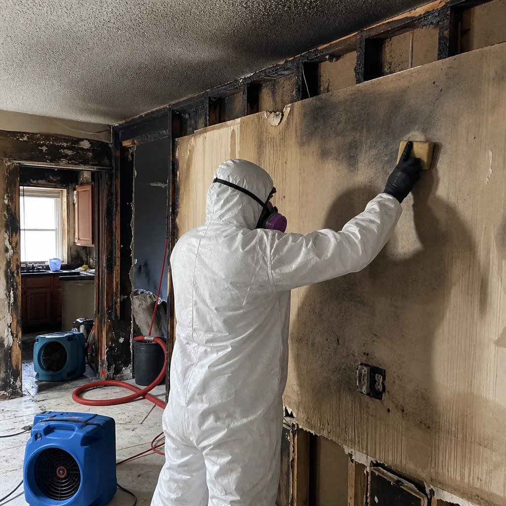 Professional in protective suit performing fire and smoke damage restoration cleaning.