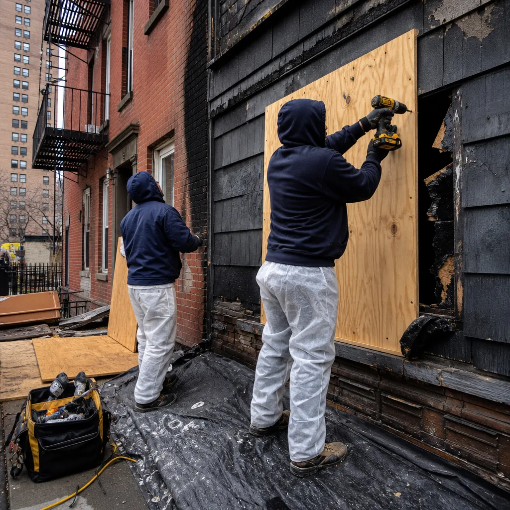 Workers performing professional fire and smoke damage restoration and board-up services