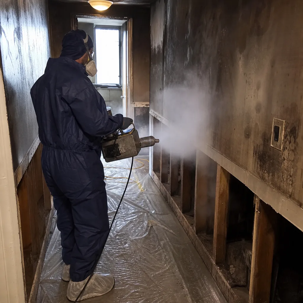 Technician performing professional fire and smoke damage restoration on wall surfaces.