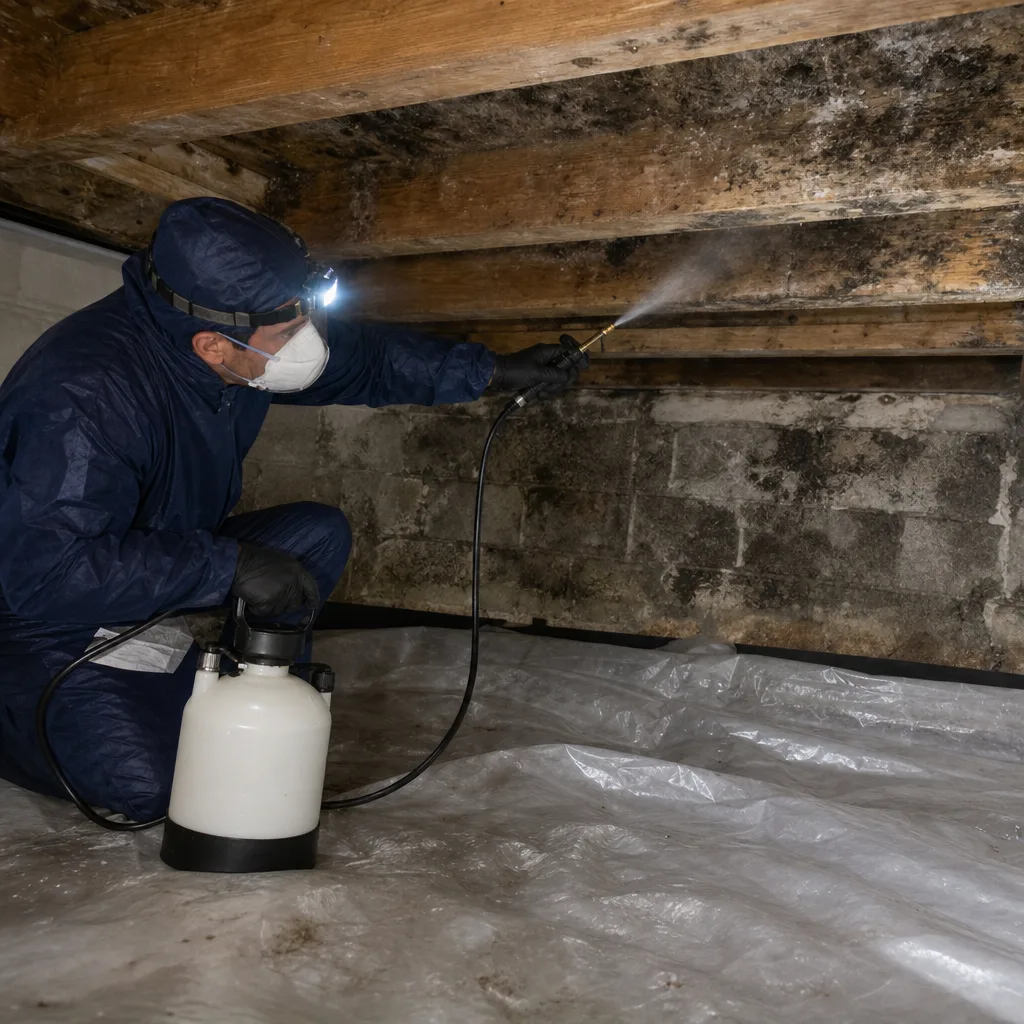 Professional in hazmat suit performing crawlspace mold remediation treatment.