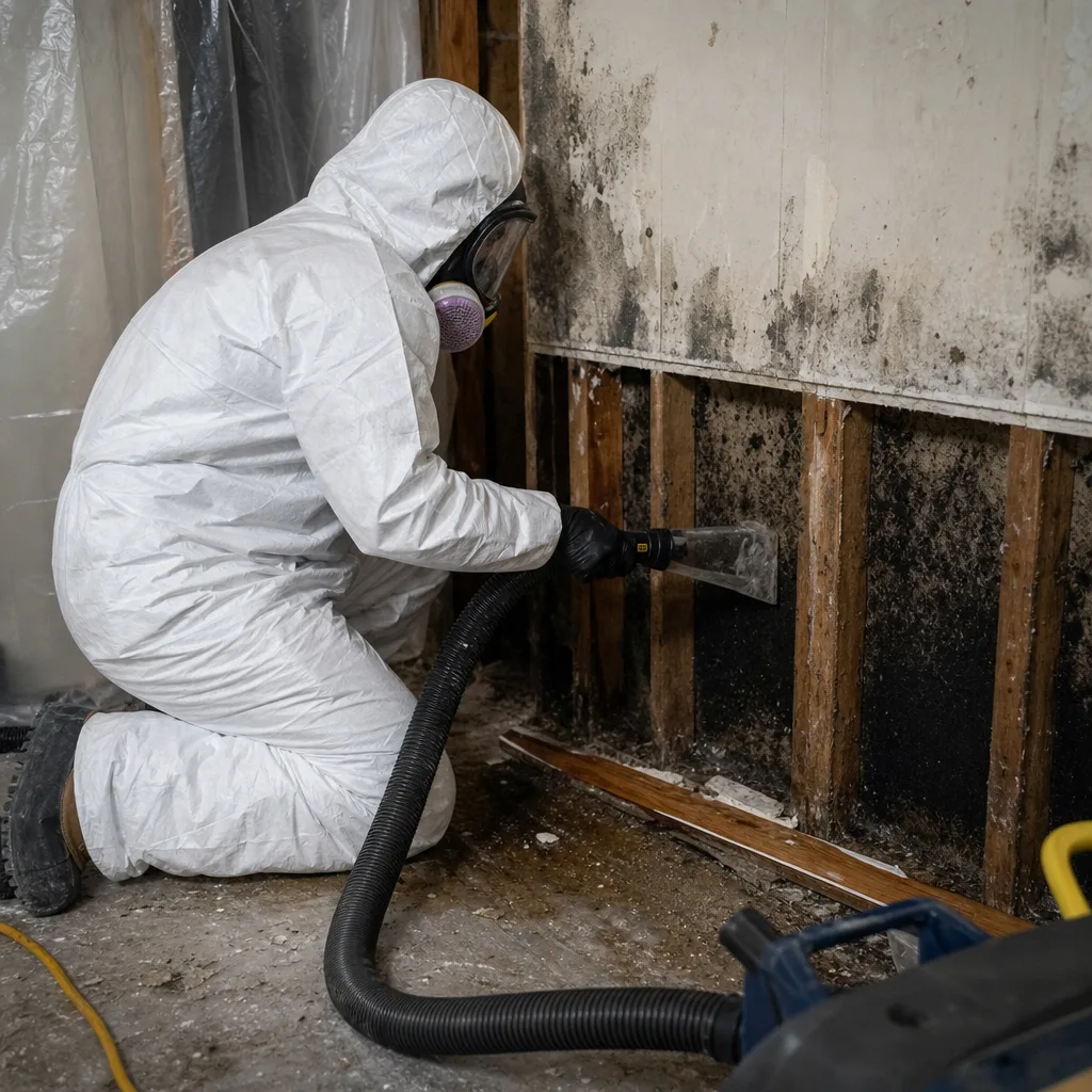 Technician in protective gear performing professional mold remediation on wall studs