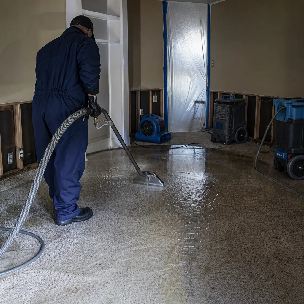 Professional cleaning water damage from carpet in a home
